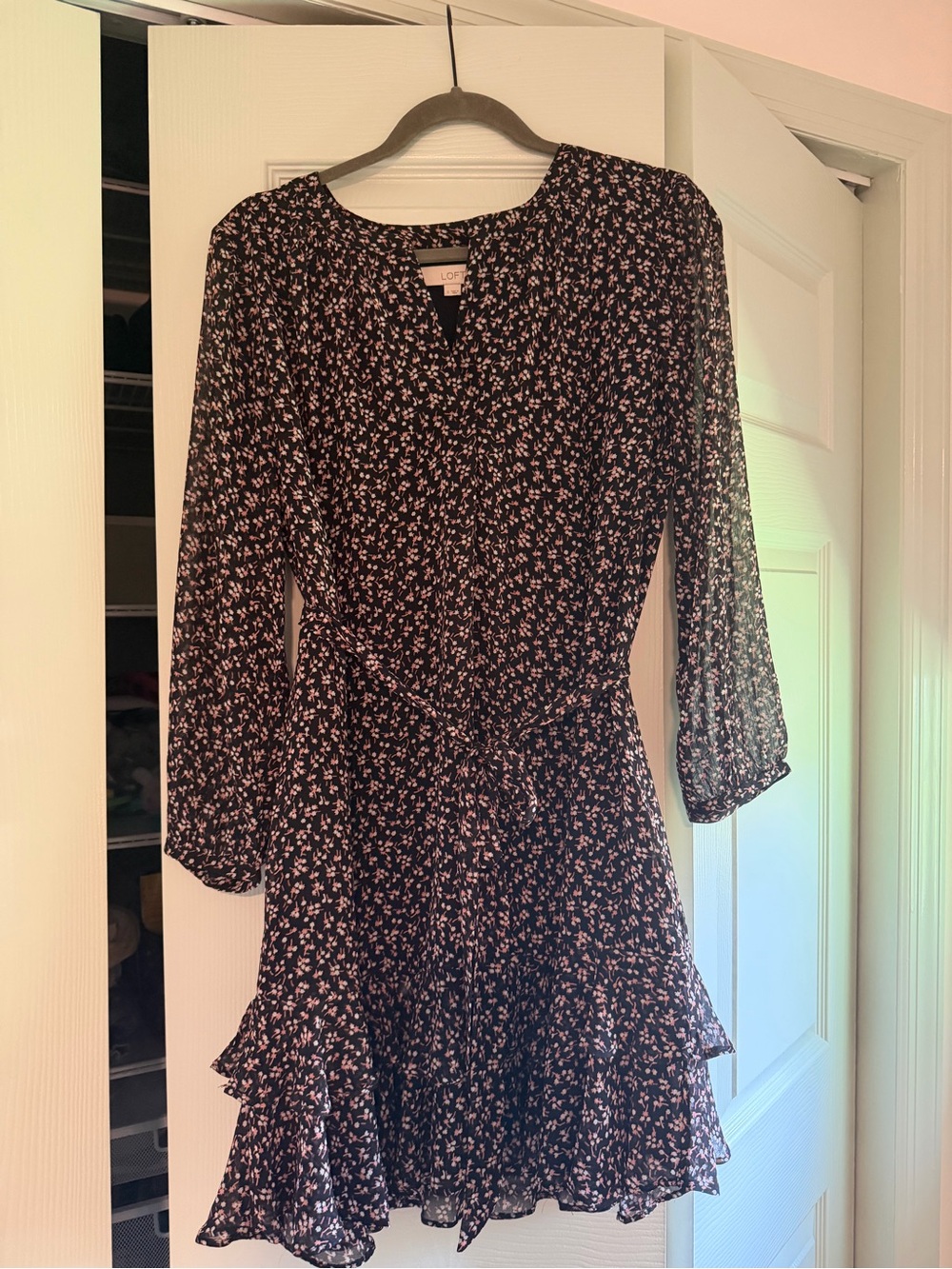 LOFT Black Mini Dress with Pink Floral Print
